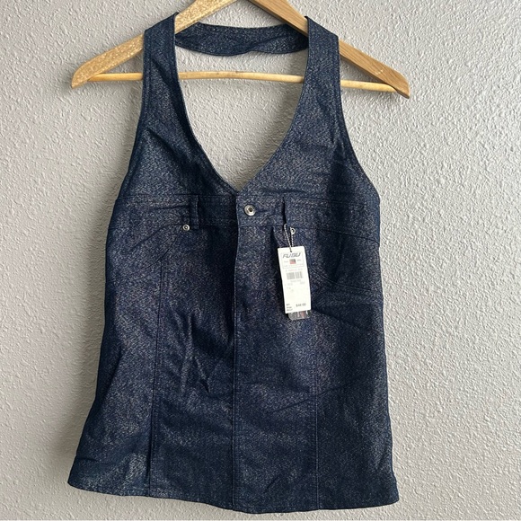 NEW Fubu Y2K Vintage Shiny Denim Jean Halter tank top NWT - Picture 1 of 5